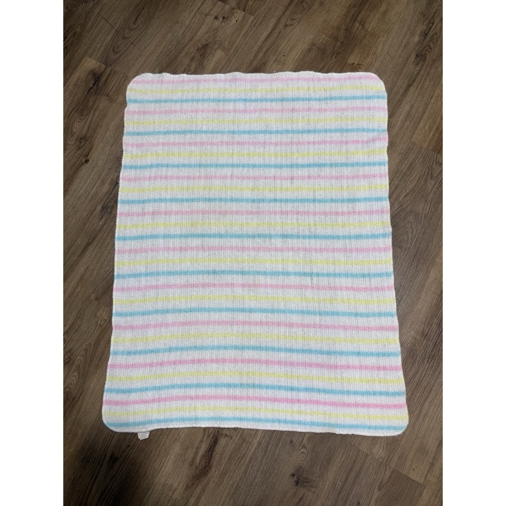 Vtg Acrylic Thermal Waffle Weave Baby Blanket Pastel Stripe 35x27" Blue Pink